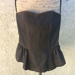 Champagne Sweetheart Neckline Strapless Ruffle Blue Denim Top Blouse Shirt 👚